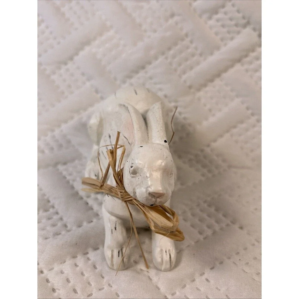 Resting Bunny Rabbit Easter Decor Statue Faux Wood Look Resin Farmhouse Country